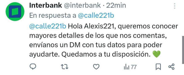 Respuesta de Interbank a usuarios. Foto: Twitter   