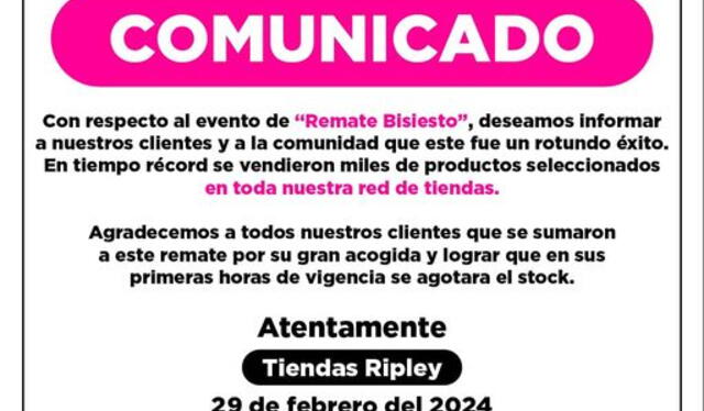  Comunicado de Ripley. Foto: Facebook    