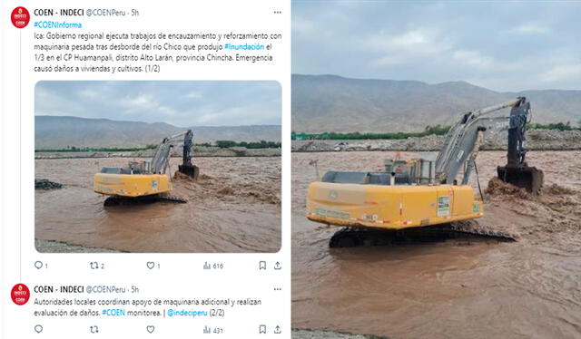 A través de su cuenta oficial en X el COEN - Indeci anunció que el Gobierno Regional de Ica viene realizando labores de ayuda tras el desborde del río Matagente. Fuente: COEN   