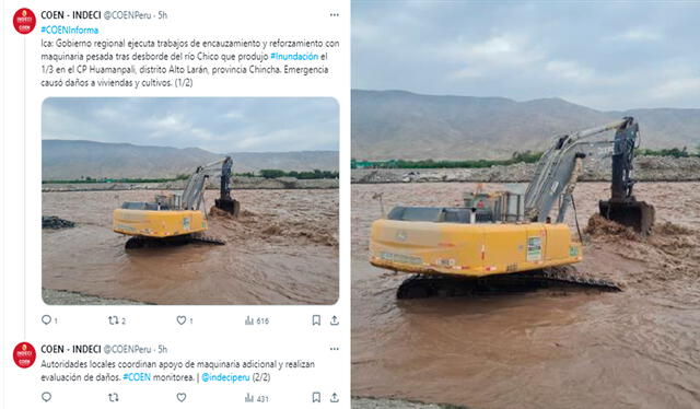 A través de su cuenta oficial en X el COEN - Indeci anunció que el Gobierno Regional de Ica viene realizando labores de ayuda tras el desborde del río Matagente. Fuente: COEN A través de su cuenta oficial en X el COEN - Indeci anunció que el Gobierno Regional de Ica viene realizando labores de ayuda tras el desborde del río Matagente. Fuente: COEN