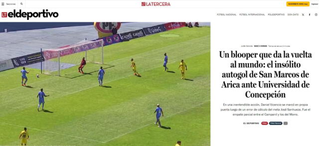 Así informó el suplemento El Deportivo por el autogol de Vicencio. Foto: captura de La Tercera   