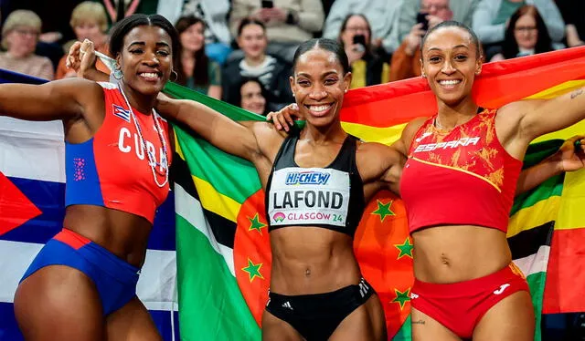 Lafond, Pérez y Peleteiro conformaron el podio del salto triple en Glasgow 2024. Foto: World Athletics   