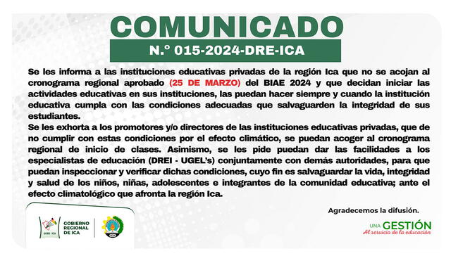 Comunicado que detalla el inicio del año escolar 2024 en Ica será el 25 de marzo debido a la fuerte ola de calor. Foto: Gobierno Regional de Ica   