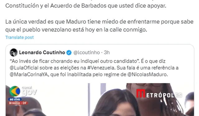 María Corina Machado responde a Lula da Silva sobre su candidatura: 