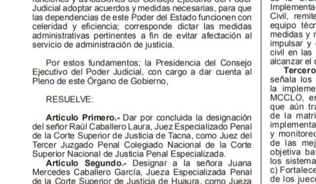 Resolución de la presidencia del Poder Judicial que realiza cambios en juzgado penal colegiado. Foto: El Peruano   