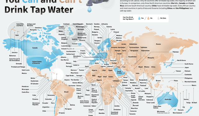Mapa de los países donde se recomienda beber agua potable de los caños. Foto: QS Supplies UK