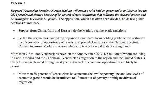 Parte del documento en que se habla de Venezuela. Foto: Oficina del Director de Inteligencia Nacional   