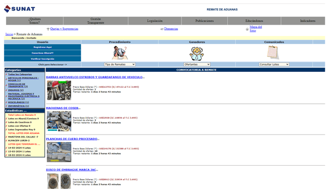  Página web donde la Aduanas realiza su remate de productos decomisados. Foto: captura de pantalla    