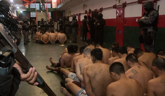 Requisa con presos semidesnudos, en cuclillas, ordenados en filas y rodeados por fuerzas de seguridad fuertemente armadas. Foto: AFP   