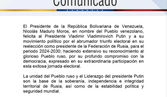 Primera parte del comunicado de la presidencia de Venezuela. Foto: Presidencia de Venezuela   