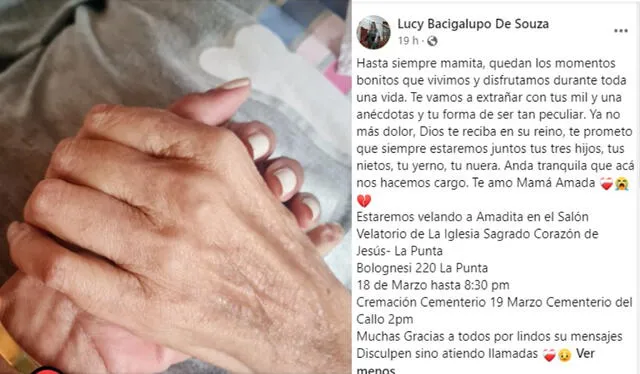  Lucy Bacigalupo compartió un sentido post en redes sociales tras el fallecimiento de su madre. Foto: Lucy Bacigalupo/Facebook   
