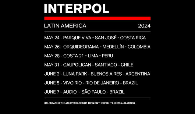  Interpol hará una gira latinoamericana para celebrar los aniversarios de sus primeros discos. Foto: Instagram Interpol    
