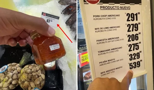  Precios de algunos productos en el supermercado Wong como el caviar y carnes importadas. Foto: composición LR/captura de YouTube   