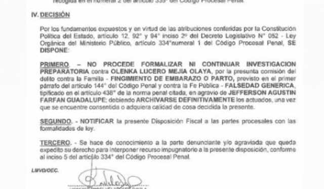  Documento del Ministerio Público que ordena el archivamiento de la denuncia de Farfán contra Olenka Mejía. Foto: Instagram/Olenka Mejía 