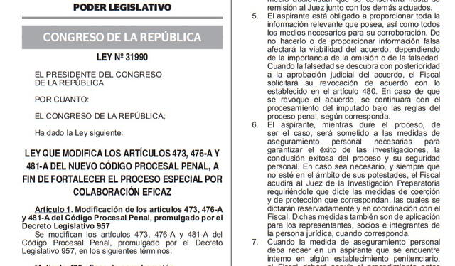 Ley 31990, publicada en la separata de normas legales. Foto: El Peruano   
