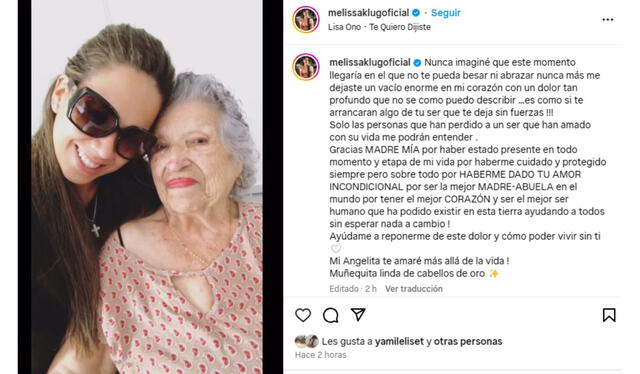 Melissa Klug y la despedida a su abuelita Angela Solari de Orbegozo. Foto: Melissa Klug/ Instagram  