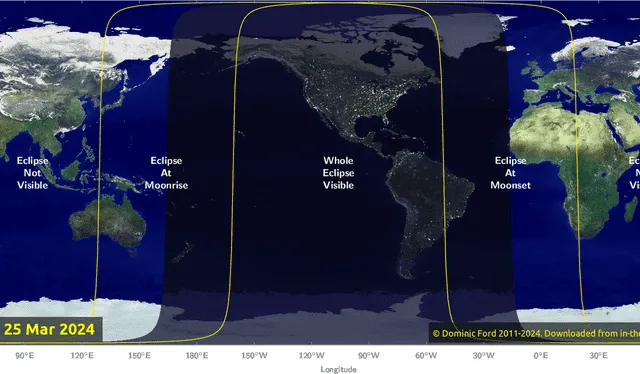  La parte sombreada indica dónde se observará el eclipse lunar penumbral en el mundo. Foto: Dominic Ford / In-The-Sky.org   