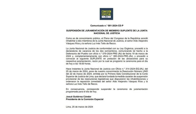 Comunicado que anuncia la suspensión de la ceremonia de juramentación de Abraham Siles. Foto: Defensoría del Pueblo   