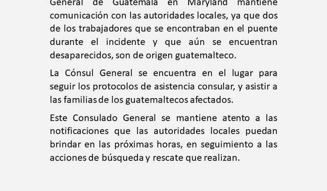  El Consulado de Guatemala en Estados Unidos se pronunció sobre el trágico accidente en Maryland. Foto: Ministerio de Relaciones Exteriores 