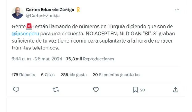 Carlos Zúñiga recomendó no aceptar la encuesta y colgar de inmediato. Foto: captura de X   