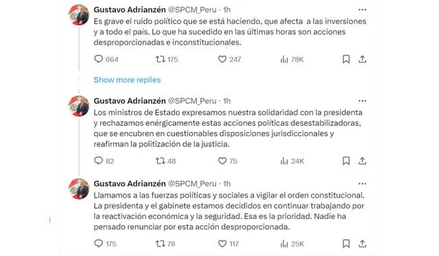 Comunicado del presidente del Consejo de Ministros respaldando a Dina Boluarte.    