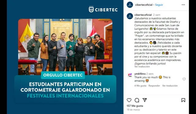  A través de sus redes sociales, Cibertec felicitó a sus estudiantes por la realización del cortometraje. Foto: captura de Instagram/Cibertec    