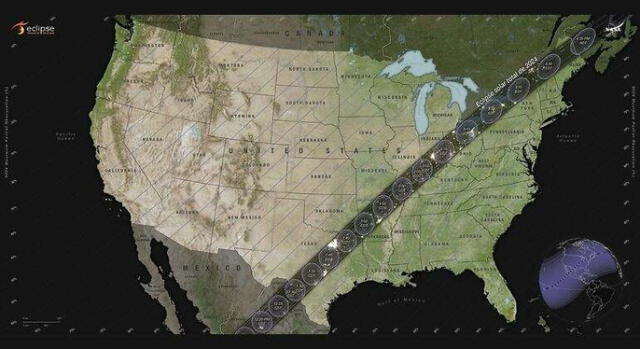 La franja negra dentro de la imagen indica el camino que tendrá el eclipse. Foto: NASA 