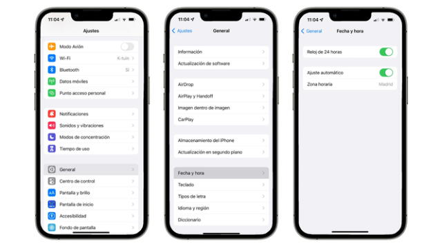 El sistema de configuración de horario en un dispositivo iPhone. Foto: Digitek   