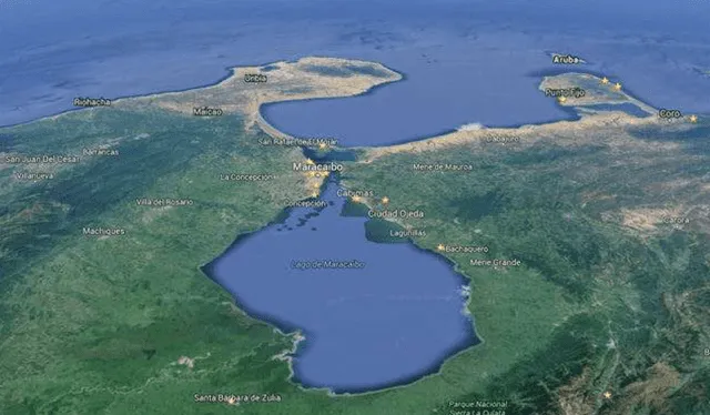 El lago de Maracaibo cubre la superficie de los estados de Zulia, Trujillo y Mérida. Foto: Google Maps   