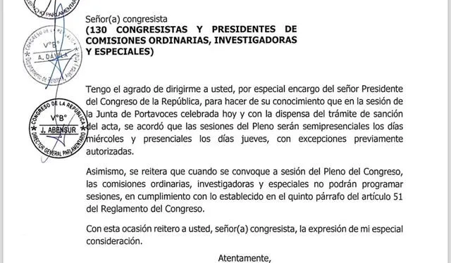  Documento fue enviado por el Oficial Mayor del Congreso a los 130 legisladores. Foto: Congreso.    