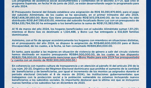 Pago de Bono $1.500 beneficiará a un millón de mujeres jefas de familia en República Dominicana.<br>Foto: Presidencia de la República Dominicana   