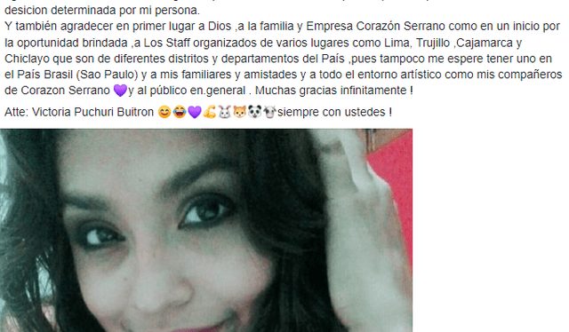 Victoria Puchuri confirmó su alejamiento de Corazón Serrano en redes sociales. Foto: Victoria Puchuri/Facebook   