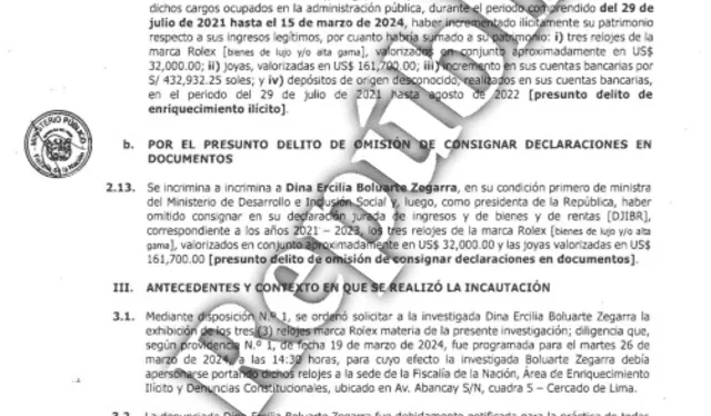  Documento detalla las imputaciones específicas por las que se le investiga a Dina Boluarte. Foto: Ocurre Ahora -ATV.   