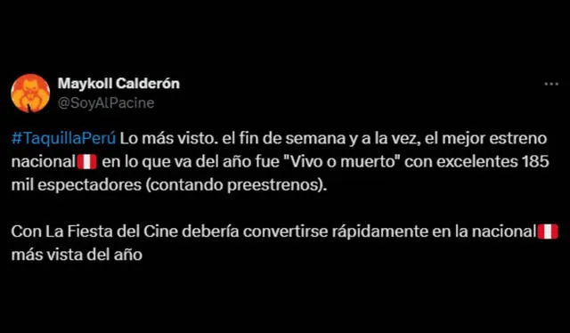 ‘Vivo o muerto’ fue lo más visto en los cines peruanos, tal como lo indicó Maykol Calderón en sus redes sociales. Foto: captura de X/@SoyAlPacine    