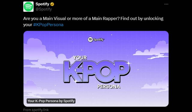  Spotify habilitó Tu personalidad k-poper para todos los amantes del género que domina el mundo. Foto: Captura X Spotify    