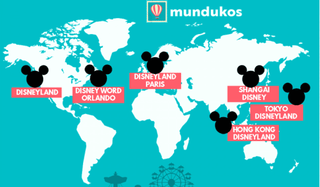  Este es un pequeño mapa con las zonas donde están ubicados los parques de Disney por el mundo. Foto: Mundukos   