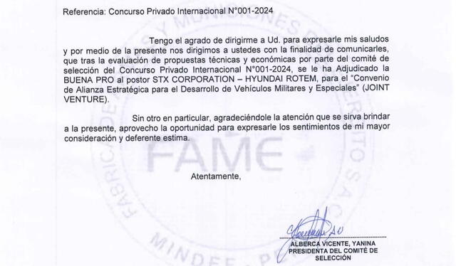  Carta con la que FAME informa que escogió contratar con STX Corporation-Hyundai Rotem.    