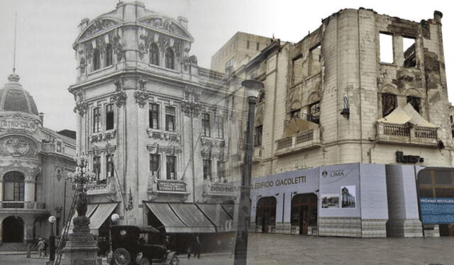El edificio Giacoletti fue una de las primeras infraestructuras en la Plaza Santa Martin. Foto: composición de LR/Antigua Plaza San Martín de Lima Perú/Twitter   