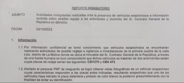 Fragmento del informe de la seguridad de la Contraloría sobre la presencia de vehículos que luego comprobó que estaban registrados a nombre de una empresa de la DINI.   