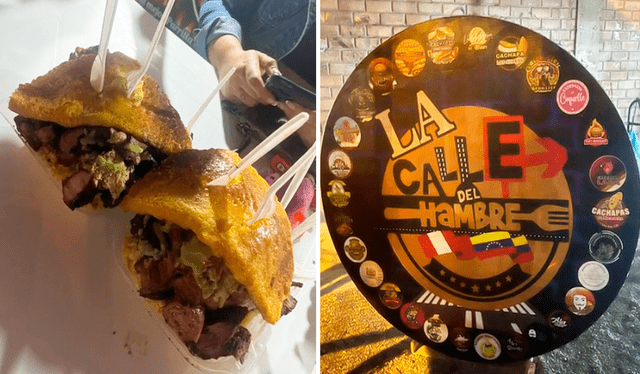  En la Calle del Hambre puedes encontrar comida al paso, desde las populares arepas hasta las parrillas al carbón. Foto: composición LR/TikTok/@criollito   