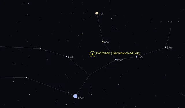  Mapa que muestra el cometa C/2023 A3 en la constelación de Virgo. Sacado de: The Sky Live   