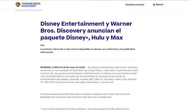 Warner Bros Discovery anunció la fusión estratégica con Disney +. Foto: Warner Bros Discovery   