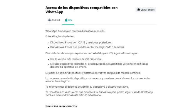  Información sobre dispositivos iOS. Foto: WhatsApp   