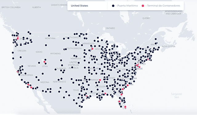  Les presentamos el mapa con los puertos marítimos de Estados Unidos. Lo de rojo son los que tienen terminal de contenedores. Foto: Sea Rates   