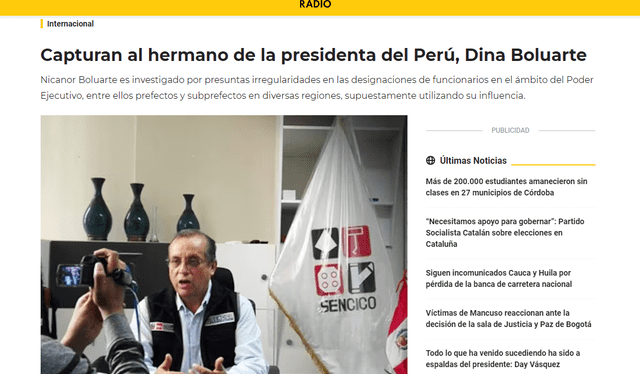 El medio colombiano priorizó la noticia de Nicanor Boluarte en su portada. Foto: W Radio<br>    
