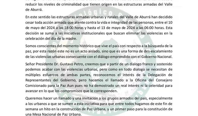 El comunicado fue compartido por parte de las Estructuras Armadas del Valle del Aburrá. Captura: @urbanapaz / X   