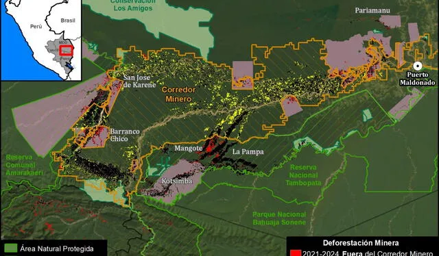 Para el último reporte MAAP se analizó la deforestación por minería aurífera entre 2021 y 2024. Foto: MAAP   