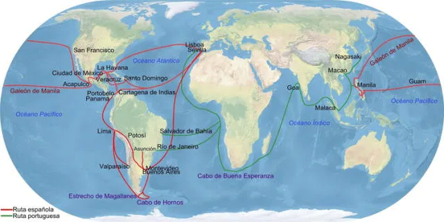 Las principales rutas del imperio español y portugués. Foto: Geografía Infinitas   