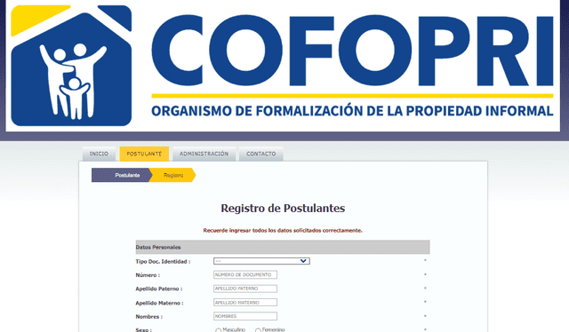 Registro de Postulantes al sistema de Cofopri. Foto: captura de la web oficial de Cofopri.   