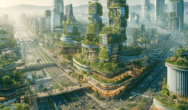 A futuristic vision of San José, Costa Rica in the year 3000. The city is a model of environmental innovation and sustainability. Buildings are covered in lush vertical gardens and are constructed with eco-friendly materials. The city is known for its clean energy, with solar panels and wind turbines integrated seamlessly into the urban landscape. Public transport is dominated by autonomous, zero-emission vehicles. The streets are filled with green spaces and water features that help regulate the climate and provide a habitat for local wildlife. Skyscrapers are designed with biophilic architecture, promoting a deep connection between residents and the natural world around them.